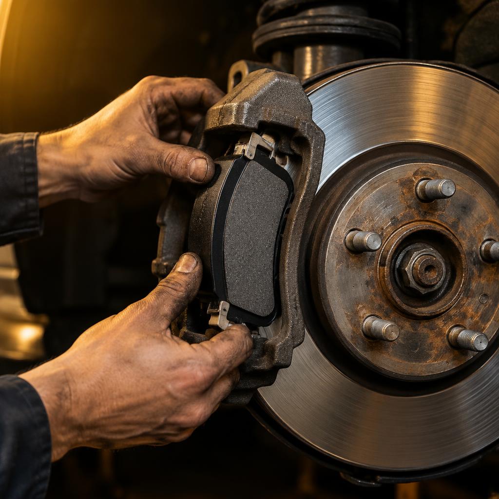Mechanic installing new brake pads on a disc brake rotor