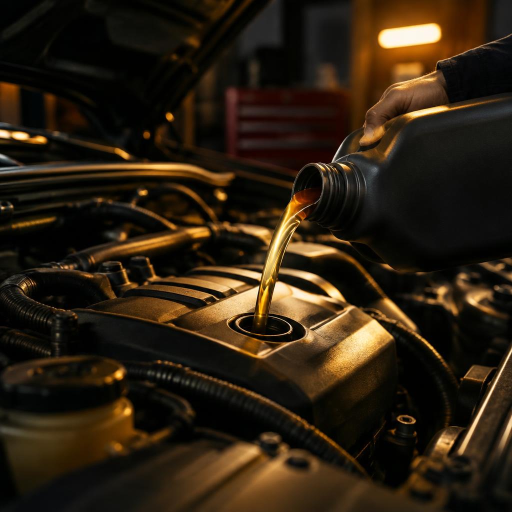 Fresh motor oil poured into a car engine during an oil change service