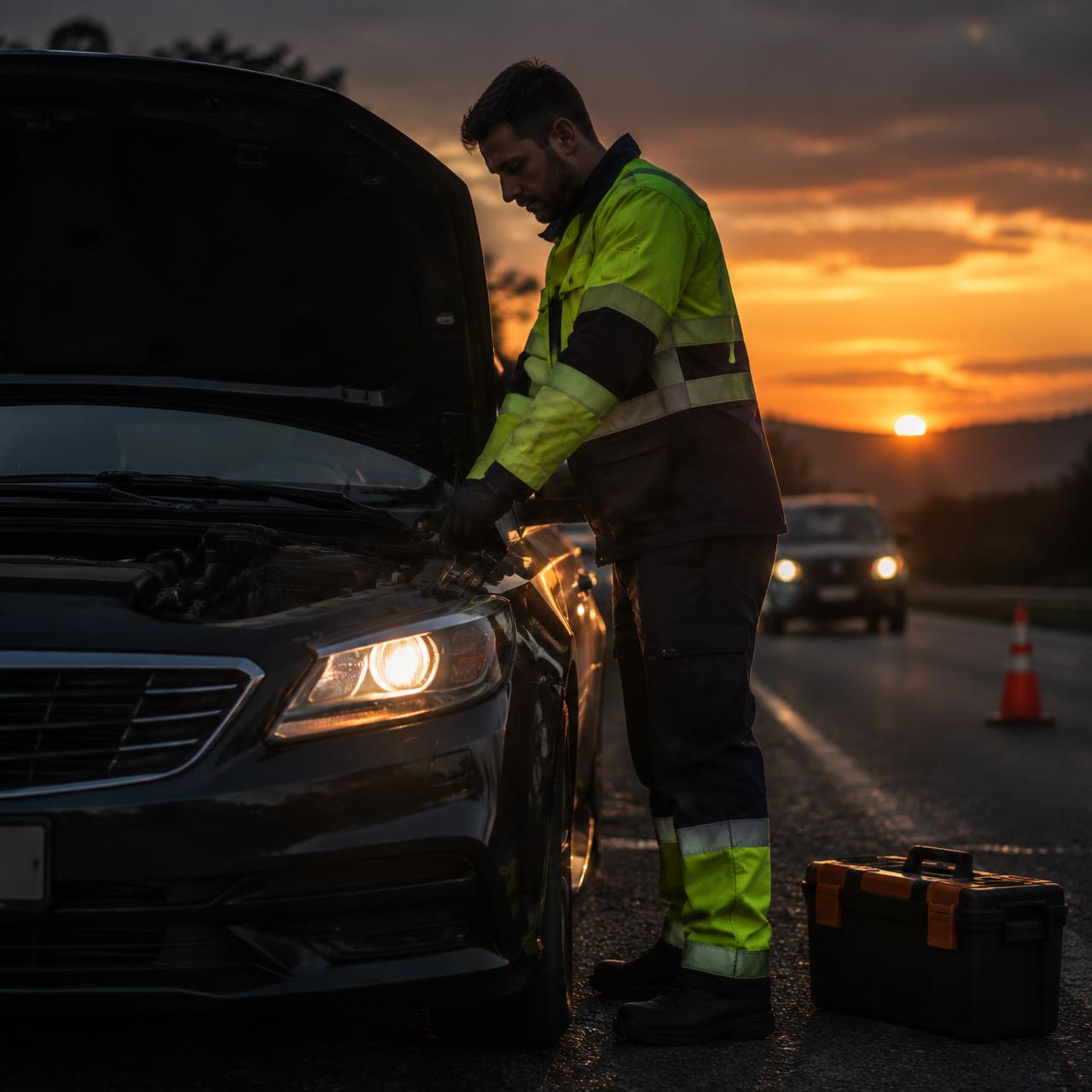 Roadside assistance technician helping a stranded vehicle