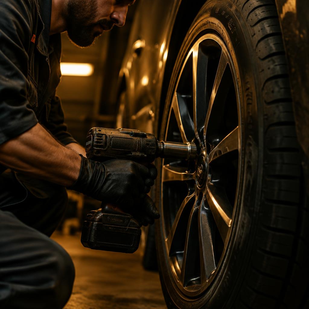 Technician servicing a vehicle tire with an impact wrench